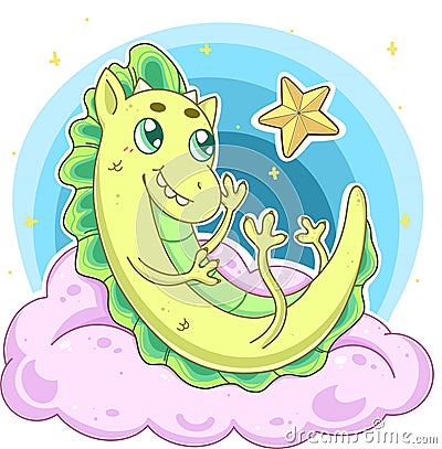 cute green baby dragon on a pink fluffy cloud with many sparkling stars around it and one big golden star Vector Illustration